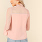 Stand Collar 100% Polyester Lace Applique Mesh Insert Ruffle Cuff Tie Neck Blouse