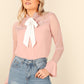 Stand Collar 100% Polyester Lace Applique Mesh Insert Ruffle Cuff Tie Neck Blouse