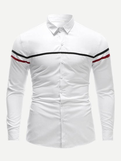 White Long Sleeve Striped Panel Slim Fit Shirt