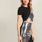 Round Neck Short Sleeve Cut-and-sew Sequins Contrast Top & Skirt