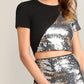Round Neck Short Sleeve Cut-and-sew Sequins Contrast Top & Skirt