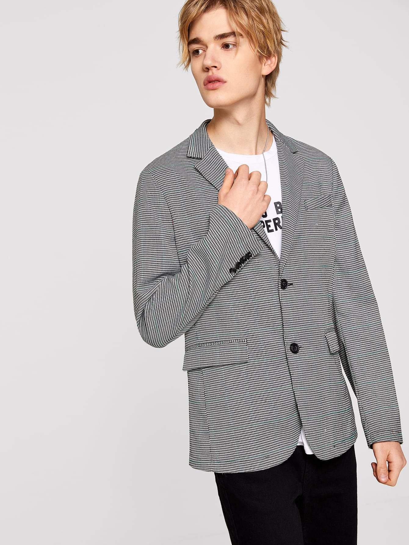 Black and White Single Breasted Notch Collar Houndstooth Blazer