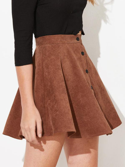 High Waist Button Up Flare Corduroy Mini Skirt