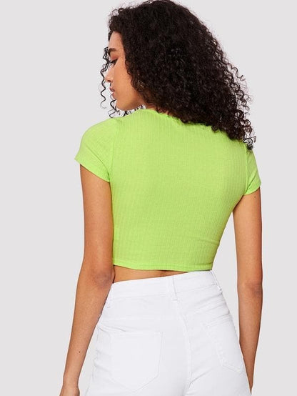 Round Neck Cap Sleeve Form Fitted Glitter Crop Top