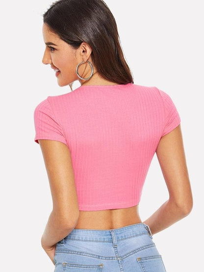 Round Neck Cap Sleeve Form Fitted Glitter Crop Top