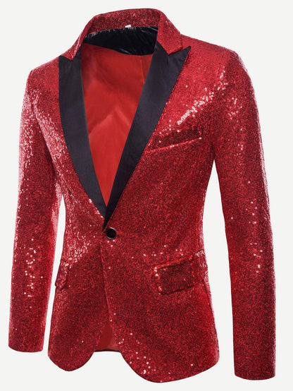 Regular Fit Notched Collar Contrast Placket Single Button Sequin Blazer
