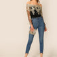 Black Long Sleeve Off Shoulder Contrast Lace Mesh Bodysuit Top