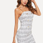 White Polyester Sleeveless Button Up Chain Strappy Tweed Dress