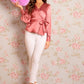 Pink V Neck Long Bishop Sleeve Surplice Wrap Satin Top