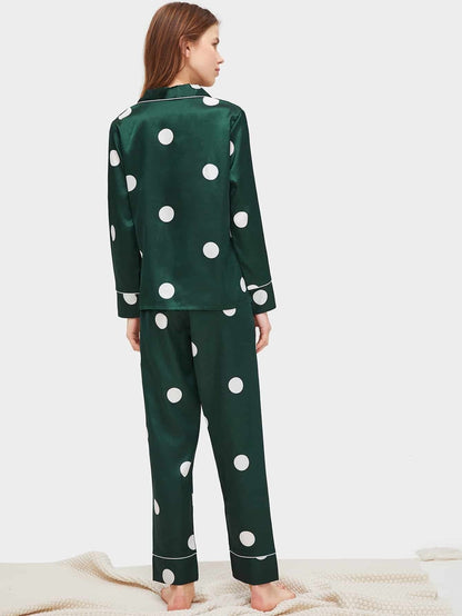 Green Polka Dot Satin Pajama Sleepwear Set