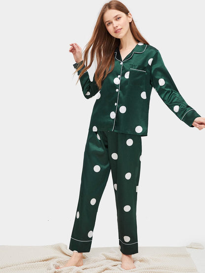 Green Polka Dot Satin Pajama Sleepwear Set