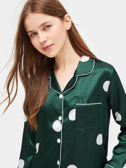 Green Polka Dot Satin Pajama Sleepwear Set