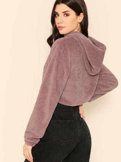 Oversized Drop Shoulder Crop Teddy Hoodie Pullover - Pink