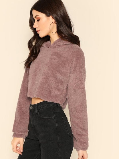 Oversized Drop Shoulder Crop Teddy Hoodie Pullover - Pink