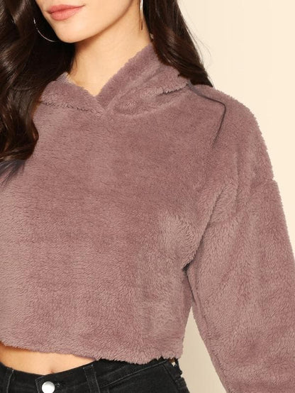 Oversized Drop Shoulder Crop Teddy Hoodie Pullover - Pink