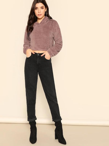 Oversized Drop Shoulder Crop Teddy Hoodie Pullover - Pink