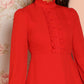 Red Stand Collar Mock Neck Frill Trim Fit & Flare Dress