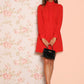 Red Stand Collar Mock Neck Frill Trim Fit & Flare Dress