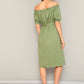 Army Green Button Through Flap Pocket Detail Belted Bardot Off Shoulder Dress