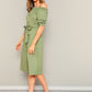Army Green Button Through Flap Pocket Detail Belted Bardot Off Shoulder Dress