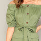Army Green Button Through Flap Pocket Detail Belted Bardot Off Shoulder Dress