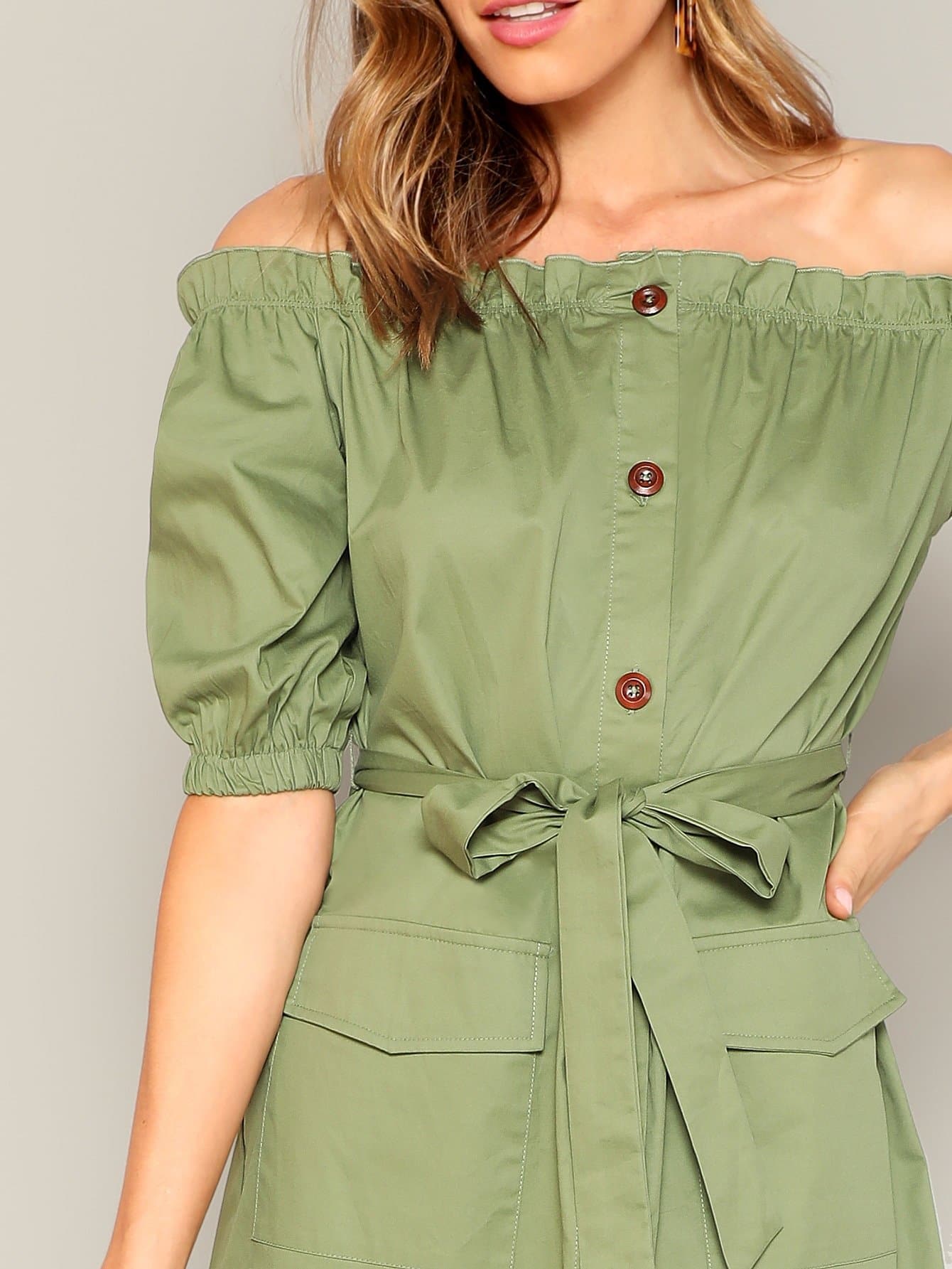 Army Green Button Through Flap Pocket Detail Belted Bardot Off Shoulder Dress
