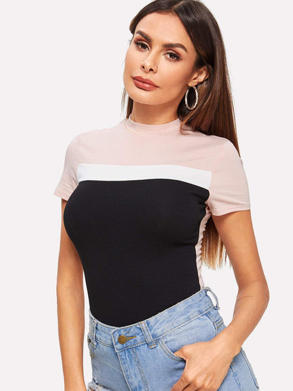 Short Sleeve Mock-neck Color Block Tee