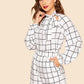 White Polyester 70s Tie Neck Grid Top & Elastic Waist Shorts Set