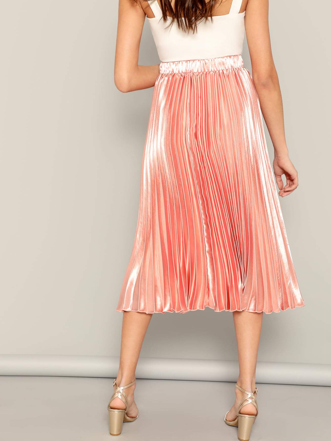 Pink Polyester Elastic Waist Solid Pleated Skirt
