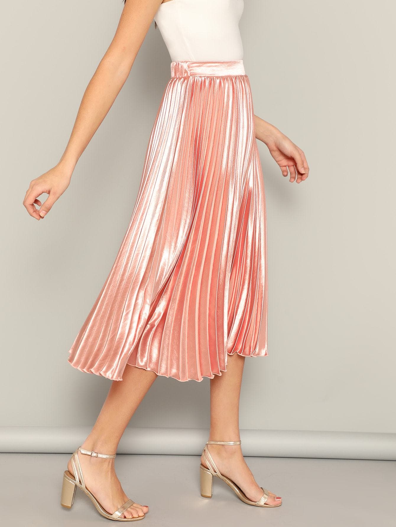 Pink Polyester Elastic Waist Solid Pleated Skirt