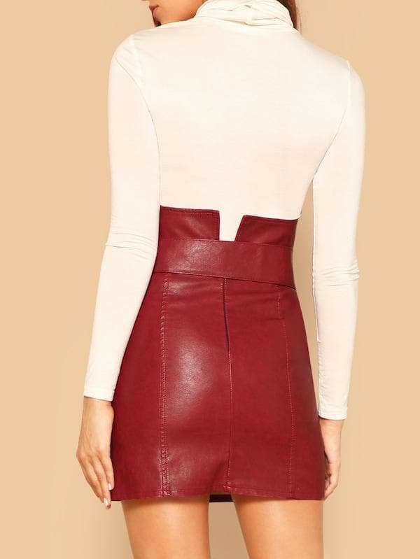 Notch High Waist Leather Look Buckle Belted Skirt