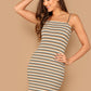 Spaghetti Strap Sleeveless Rib-knit Striped Cami Bodycon Dress