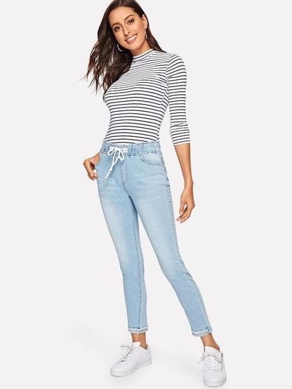 Drawstring Waist Raw Hem Skinny Crop Jeans