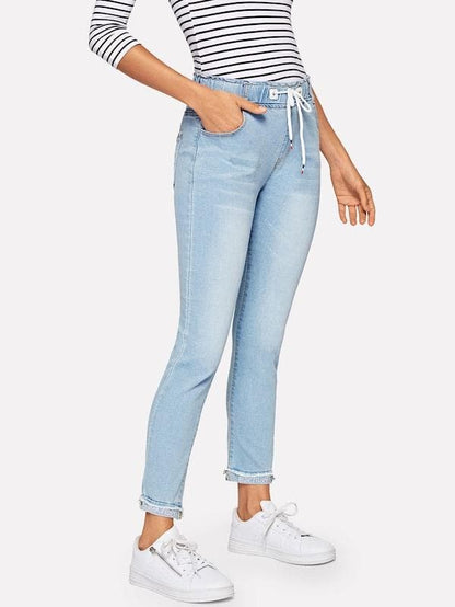 Drawstring Waist Raw Hem Skinny Crop Jeans