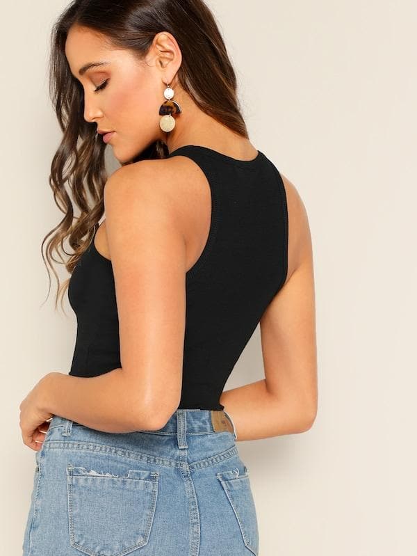 Round Neck Rib-Knit Lettuce Trim Solid Top