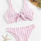 Plunge Neck Low Rise Random Striped Knot Front Bikini Swimwear