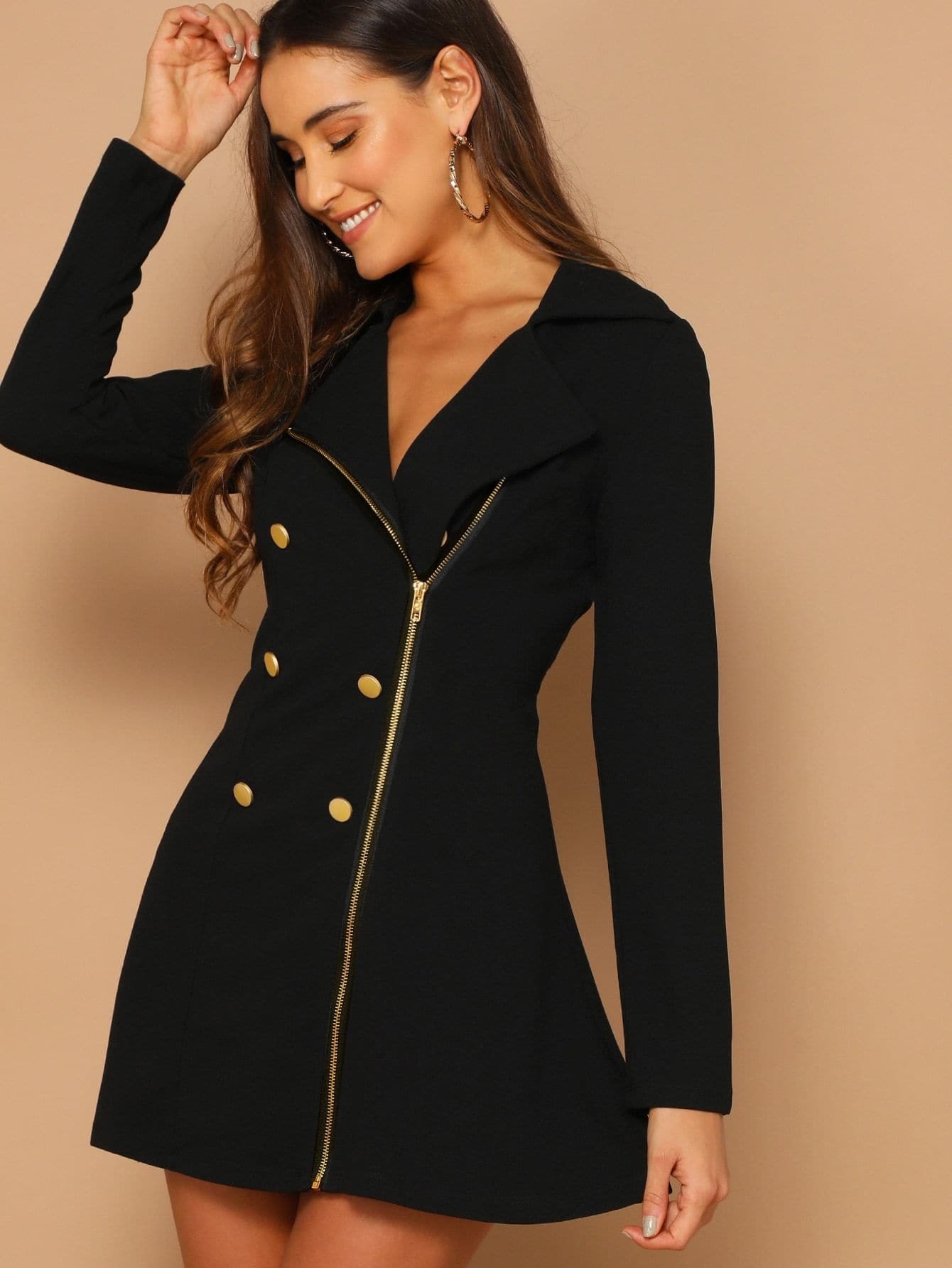 Long Sleeve Notched Neckline Double Breasted Detail Asymmetrical Zip Up Dress