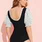 Black Scoop Neck Shirred Panel Heart Puff Sleeve Bodysuit Top