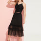 Black Mid Waist Dot Jacquard Mesh Overlay Tiered Skirt