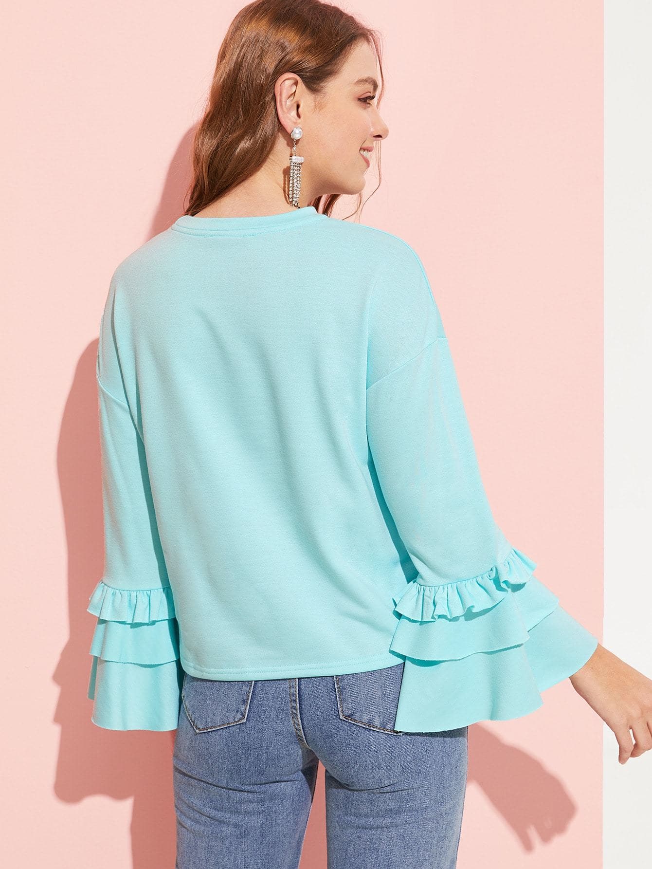 Stand Collar Solid Tiered Ruffle Sleeve Pullover