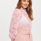 Pink Stand Collar Frilled Neck Lantern Sleeve Jacquard Top