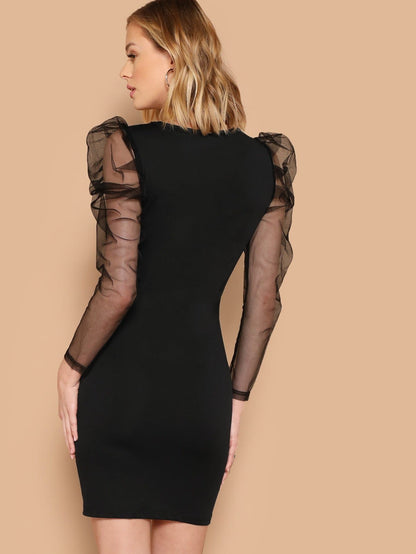 Black Round Neck Sheer Mesh Gigot Sleeve Pencil Dress