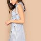 Blue Sleeveless Self Tie Shoulder Asymmetrical Placket Striped Dress