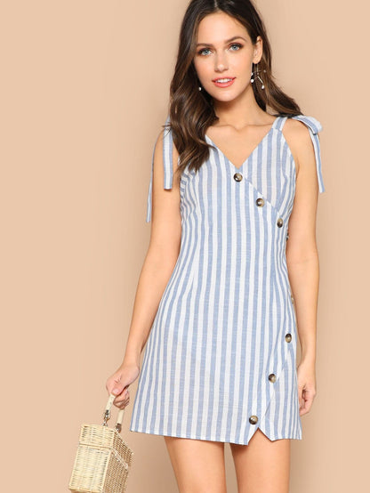 Blue Sleeveless Self Tie Shoulder Asymmetrical Placket Striped Dress