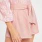 Pink Waist Knot Zip Side Pleated Solid Shorts