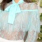Turquoise Pastel Stand Collar Tie Neck Lantern Sleeve Flounce Lace Blouse