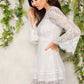 White Nylon Stand Collar Trumpet Sleeve Floral Lace Overlay Dress