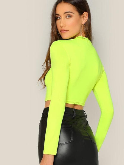 Stand Collar Long Sleeve Slim Fitted Solid Crop Top - Neon Green