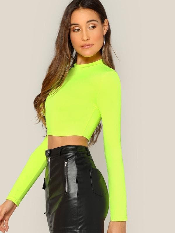 Stand Collar Long Sleeve Slim Fitted Solid Crop Top - Neon Green