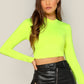 Stand Collar Long Sleeve Slim Fitted Solid Crop Top - Neon Green